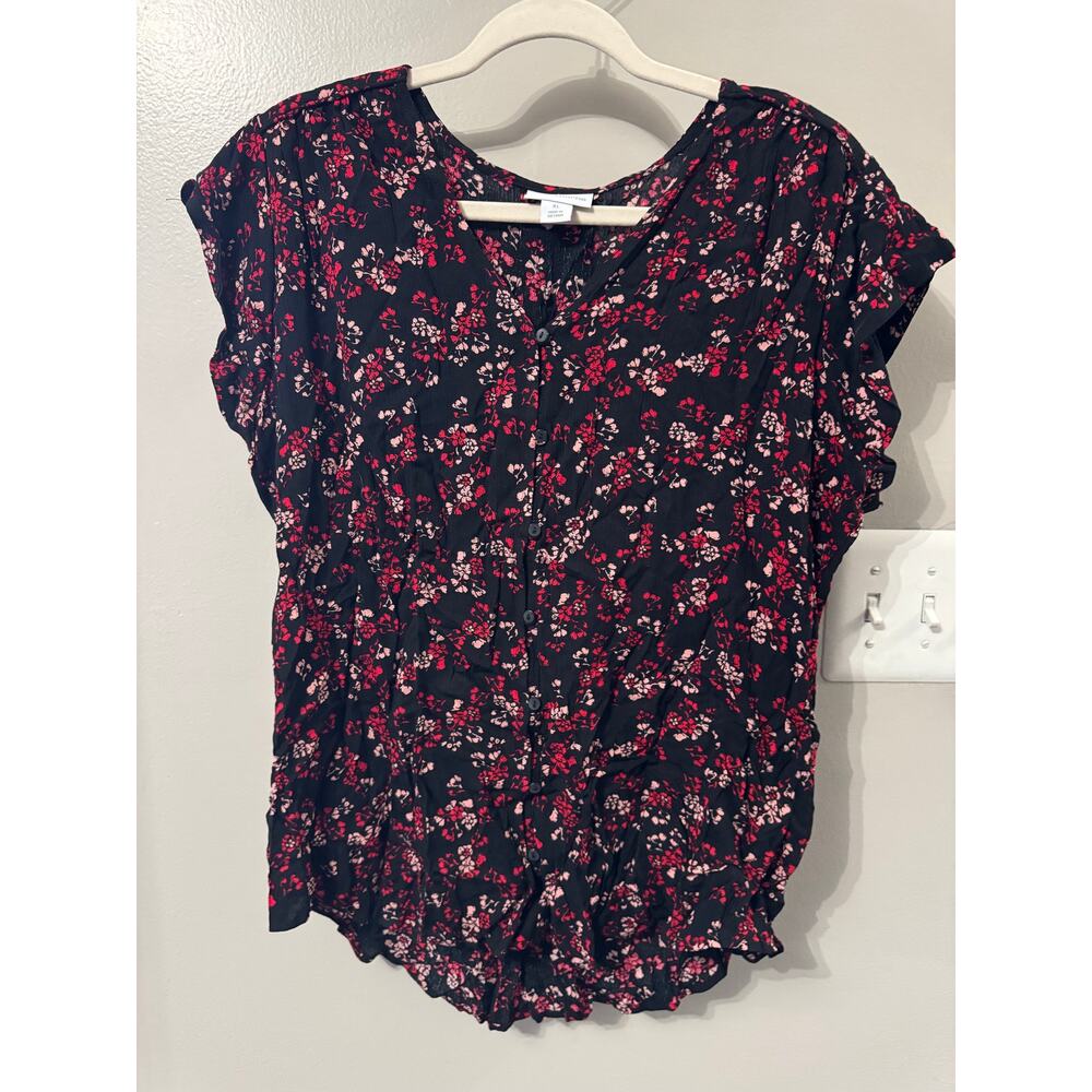Liz Claiborne Woman's Shirt, size XL, Black, Floral, Button Up, Short Sleeves